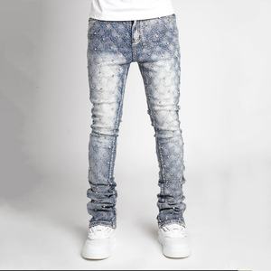 Jeans de Mezclilla Ajustados de Cintura Alta para Hombre, Estilo Cargo, con Adornos de Diamantes y Acabado Deslavado, Venta al por Mayor - Product Image 1