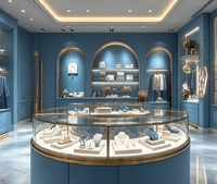 Vitrine de présentation haut de gamme personnalisée bleue et or, vitrine en verre pour bijoux et vêtements