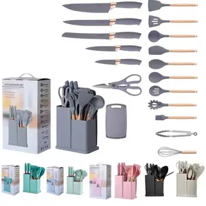 Silicone 19-piece Set Of Silica Gel Kitchen Utensil Set With Wooden Handle And Cuttings Board Storage Bucket Kitchen Gadget Set