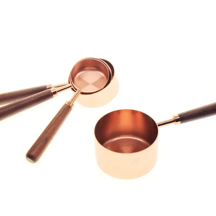 Measuring Spoons And Cups Wholesale Metal Stainless Steel Solid Scoop Brass Copper Rose Gold Round Narrow Measuring Cup And Spoon Set With Wooden Handle