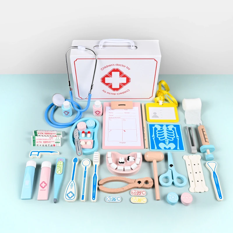 Деревянный ящик для инструментов для врачей, игрушки, ролевые игрушки для ролевых стоматологов, 42 шт., коробка для лекарств, игрушки