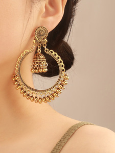 Boucles d'oreilles ethniques rétro géométriques Jhumka pour femmes bijoux indiens fleur couleur or cloche gland boucles d'oreilles pendantes (KER824) - Product Image 5