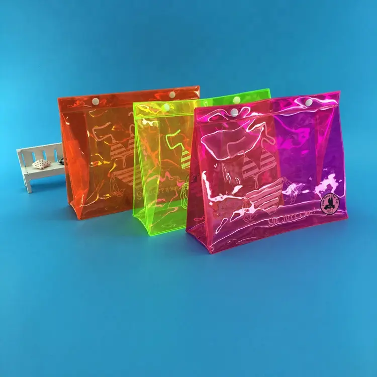 Pochette d'emballage en PVC transparente et multicolore, en plastique, avec fermeture sur le bouton supérieur, pour toilette et voyage