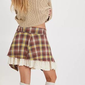 กระโปรงลายสก็อตแบบวินเทจปี 2025 ดีไซน์แบบ OEM ตัดเย็บแบบอสมมาตร แต่งระบาย สำหรับแฟชั่นผู้หญิง - Product Image 5