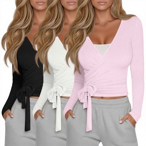Hauts décontractés pour femmes, respirants, à nouer, style Y2K, à manches longues, pour le ballet, le Pilates, le yoga et l'entraînement, col en V profond, coupe ample - Product Image 2