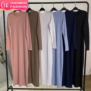 6387# Basic abaya inside wear long sleeve stretchable knit cotton inner arabic dress for fall winter