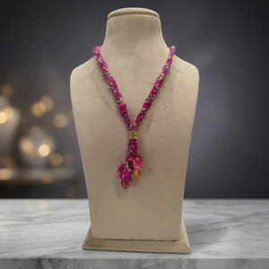 Sstringz Fuchsia Pink <b>Braided</b> Fabric Necklace with Crystal Drop Charms, Gold Accent Detail and Handmade Boho Fashion Jewelry - Product Image 1
