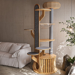 Albero per Gatti in Legno Alto fino al Soffitto con Tiragraffi in Sisal, Ciotola in Acrilico e Pali Tiragraffi in Sisal per Interni - Product Image 1