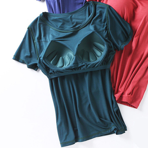 Haute qualité coton femmes T-Shirts avec coussin de poitrine <span class=keywords><strong>Push</strong></span> <span class=keywords><strong>up</strong></span> Tee à manches courtes couleur unie col rond T-shirt Sexy décontracté mode T-Shirt - Product Image 2