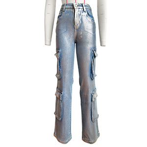 Pantalon Boyfriend Extensible Tendance Streetwear pour Femme, Jean Droit en Coton <span class=keywords><strong>Argent</strong></span>é de Créateur pour Femme - Product Image 3