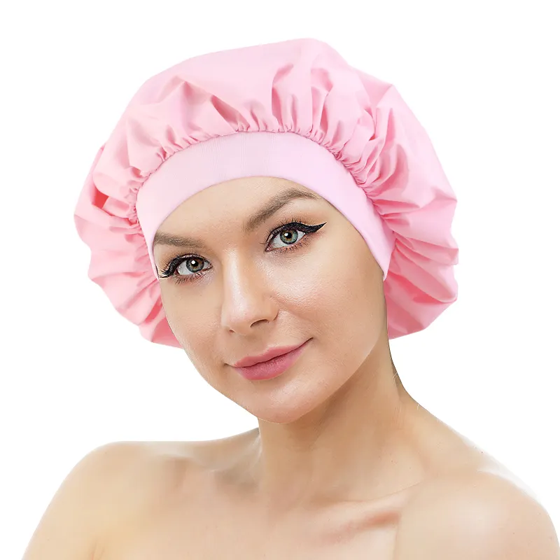 Wholesale Newest Elastic Band Adult Plain Color Reusable Shower Bath Cap Waterproof Hat for Ladies