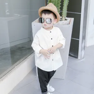 BJ292026 summer new arrival baby boys blouse clothing sets toddler kids cotton shirts solid white gray long tops
