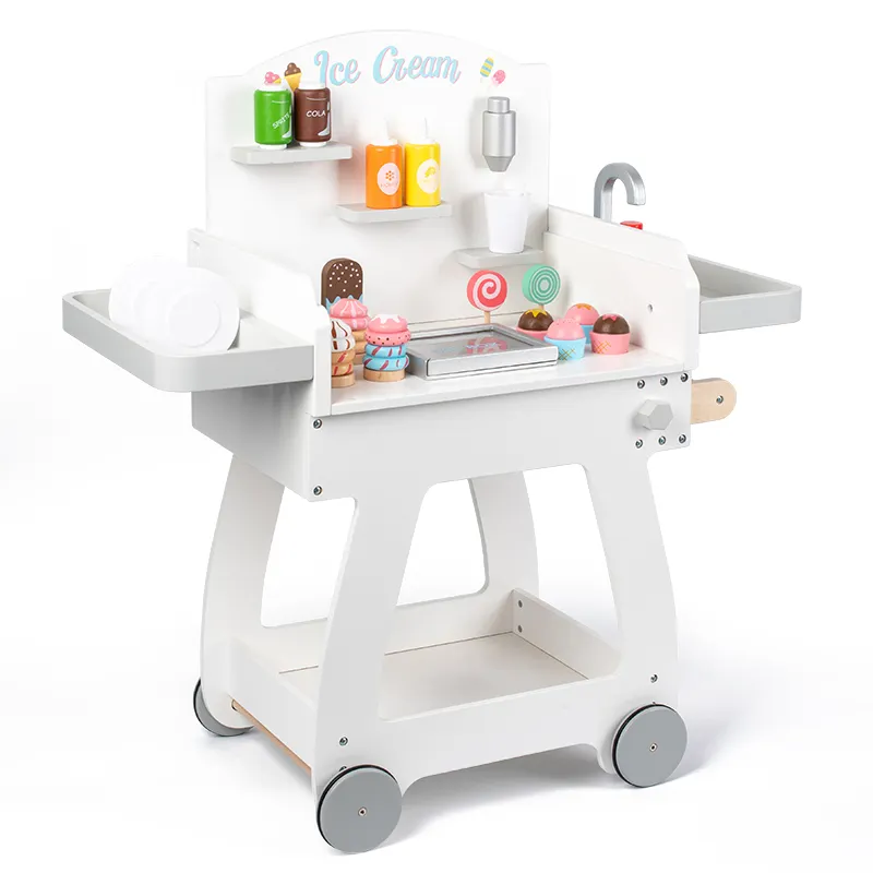 2023 New Wooden Play House Simulation Cart Dessert Toys Ice Cream Trolley Food Kitchen Game Set Truck Toy For Kids