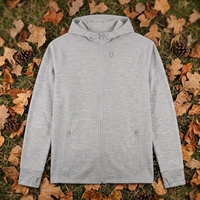 Veste à capuche zippée intégrale pour homme 100 % laine mérinos avec trous pour les pouces, poche poitrine, gris chiné, performance, durable, vêtements de sport