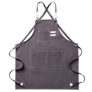 Tablier en toile de coton gris robuste avec logo personnalisé, emballage sur mesure, vente en gros pour usage commercial, bretelles croisées, durable - Product Image 1