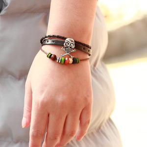 Skull Design <b>Braided</b> Leather Bracelet With <b>Beads</b> And Crossbones Multi Strap Waxed Rope Jewelry For Men And Women - Product Image 3
