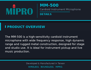 Micrófono de instrumento MIPRO con rango dinámico excepcional y alta sensibilidad, micrófono con cable para estudio y música en vivo. - Product Image 5