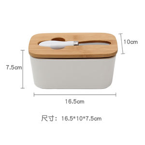 Boîte à beurre nordique 500ml plaque à beurre en céramique avec couvercle en bois et couteau plateau de stockage du fromage récipient à beurre - Product Image 5