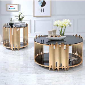 Đồ Nội Thất Phòng Khách Bằng Thép Không Gỉ Thiết Kế Hiện Đại Bàn Cà Phê Tròn Vàng Mặt Kính Màu Đen Sang Trọng - Product Image 1