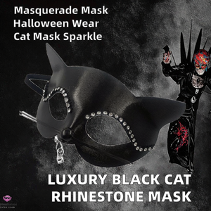 Masques de soirée de luxe noirs en PVC pour femmes, imprimés en typographie, <span class=keywords><strong>avec</strong></span> strass en forme de chat, accessoires de déguisement d'<span class=keywords><strong>Halloween</strong></span> - Product Image 2