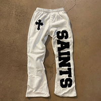 Pantalon évasé délavé personnalisé, pantalon de survêtement imprimé sérigraphié, patchs brodés effet usé, pantalon de survêtement évasé, fabrication usine