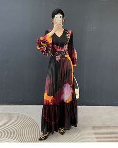 Vestido Elegante PY 2026 con Cuello Redondo, Manga Trompeta, Fruncido, Tejido Plisado y Estampado en la Cintura, Ropa Occidental para Mujer, Venta al por Mayor en Línea - Product Image 2