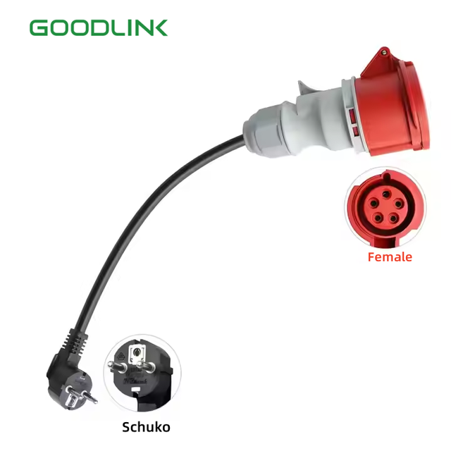 32A Red CEE Adapter Cable Type2 EV Charger Plug CEE Female 3-Pole Socket to Schuko 2 Pin Power Plug Adapter