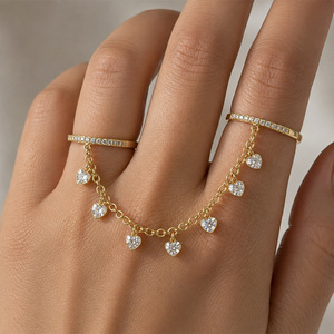 Phong cách Pháp Full Pave CZ Heart Nhẫn hai ngón tay liên kết Thiết kế dây chuyền cao cấp Phụ kiện đi làm hàng ngày Trang sức thời trang dành cho nữ - Product Image 1