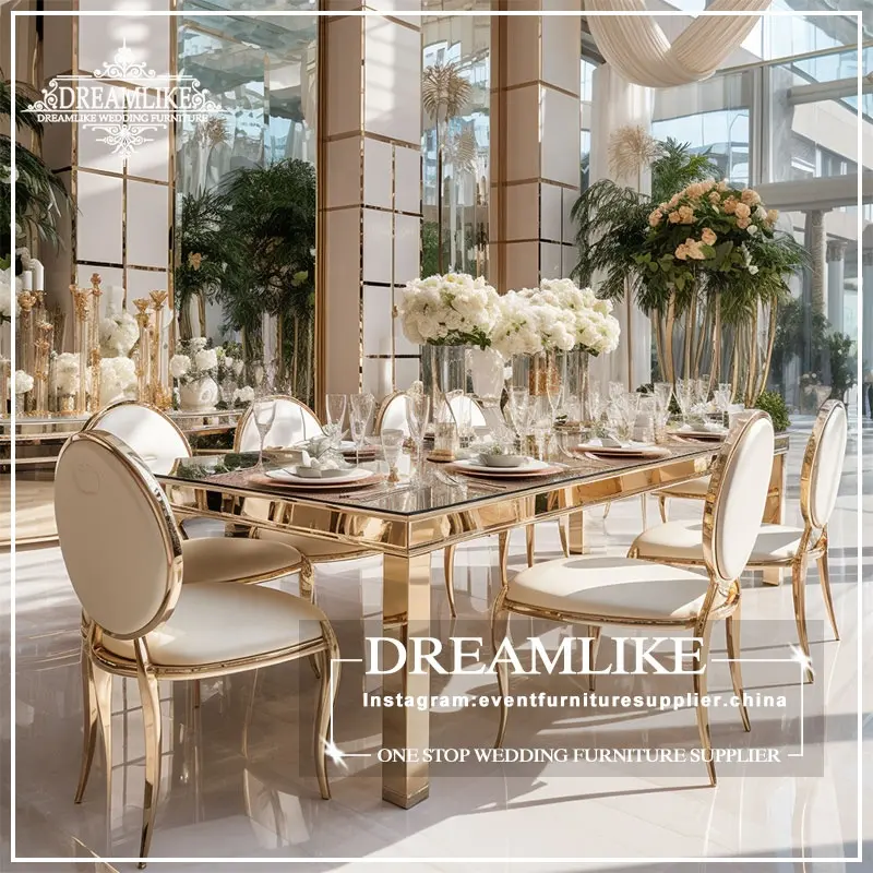 Meja Makan pernikahan, bentuk persegi panjang emas dan putih mewah untuk dekorasi acara pesta