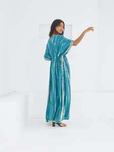 Vestido de rayón con cuello en V cómodo hecho a medida, teñido a mano, estampado Digital, patrón Floral, caftán transparente, ropa de salón hecha a mano - Product Image 6