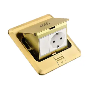 Golden color copper brass material electrical 2Gang UK Eu pop-up floor socket with RJ45 network Cat6 13A 3pin floor box