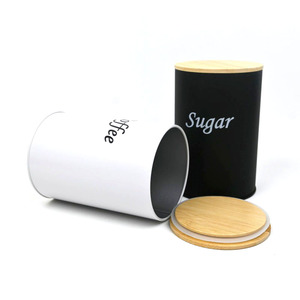 Boîte de rangement cylindrique en métal pour cuisine, avec couvercle en bambou imprimé sur mesure, finition mate, pour sucre, café, thé, aliments secs - Product Image 2
