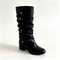 Bottes hautes noires pour femmes en cuir véritable verni, bout rond, talon carré bas, décorations boutons métalliques, style urbain, sur mesure OEM