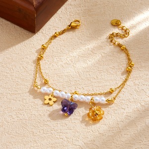 Floral Charm <b>Bracelet</b> For Women Double Layered Pearl Butterfly <b>Flower</b> Jewelry Gift Zinc Alloy B2131 - Product Image 3