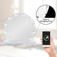 Cermin Rias Bulat Glam Hollywood dengan 10 Lampu Dimmer, Kaca Besar, Kontrol Sentuh, untuk Dekorasi Kamar Tidur dan Meja Rias