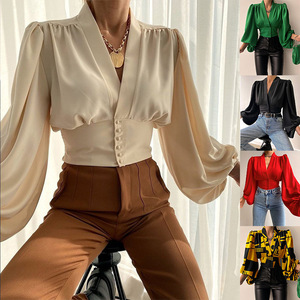 Chemise à manches lanternes décontractée pour femmes grandes tailles, chemisiers et chemises pour femmes, bouton, col en V, Blusa - Product Image 1