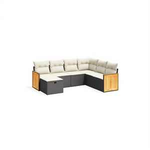 Conjunto de Sofás de Jardín Modernos para Exteriores, Ratán Sintético Negro, Estructura de Acero, Madera de Teca, 6 Plazas, Diseño Contemporáneo - Product Image 1
