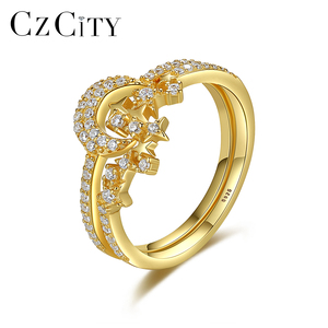 ชุดแหวนเงินรูปพระจันทร์และดวงดาว CZCITY สำหรับเด็กผู้หญิง เงินแท้ 925 ชุบทอง 14K แหวนนิ้วสำหรับผู้หญิง - Product Image 1