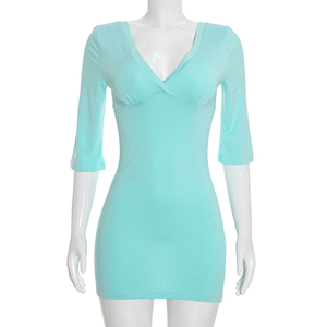 Viviblook C26DS107 Women's Dresses Summer New Elegant Slim Fit Seven Quarter Sleeve V-Neck Backless Sexy Mini Casual Dress - Product Image 2