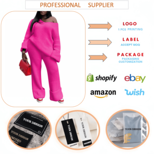 Ensemble de chandails en laine d'hiver TS1285, couleur unie, tricoté, 2 pièces, pantalon large et chandail court ample - Product Image 2