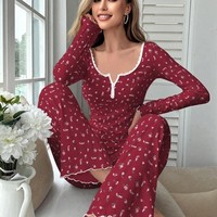 Setelan atasan dan celana modis untuk wanita, setelan atasan dan celana modis lengan panjang kerah V dalam motif mulus kustom untuk wanita