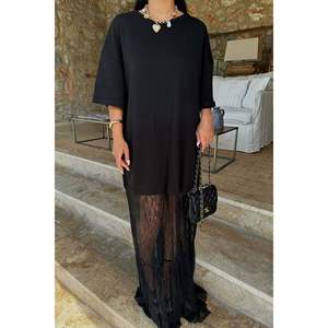 <b>Black</b> Vintage Formal A-Line Dress <b>Lace</b> Detail Crocheted Polyester Fabric Empire Waistline Sequined Beaded Decoration XL Size - Product Image 1