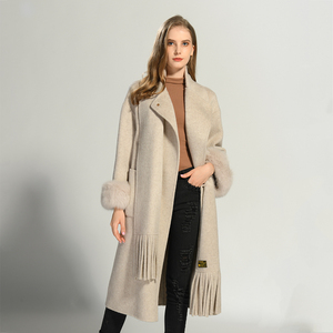 Cappotto Lungo in Lana Doppia Faccia Personalizzato per Donna, Stile Casual Autunnale, con Sciarpa Staccabile e Polsini in Vera <span class=keywords><strong>Pelliccia</strong></span> di Volpe <span class=keywords><strong>Beige</strong></span> - Product Image 5