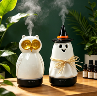 Diffusore di Oli Essenziali a Ultrasuoni a Forma di Gufo in Ceramica da 200ml, Diffusore di Aromi a Nebbia Fredda con Luce Notturna LED