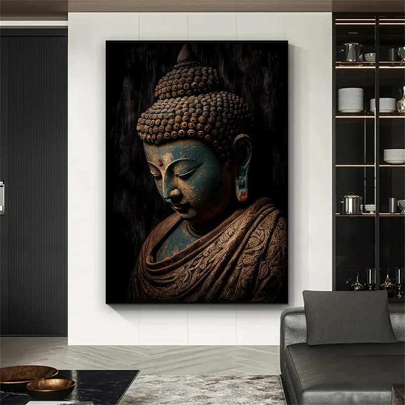Estátua de Buda vintage, pintura em vidro, estampas religiosas, imagem de arte de parede para decoração de quarto e sala de estar, posteres