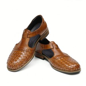 Sandales plates classiques en cuir véritable noir avec sangle à boucle, bout fermé, respirantes, chaussures d'été pour hommes - Product Image 2