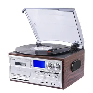 Bằng gỗ bàn xoay máy ghi âm & Vinyl gramophone với USB + SD + Radio + CD + Cassette