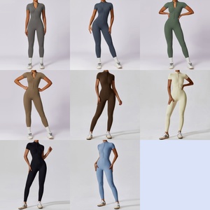 Tute con cerniera anteriore a maniche corte <span class=keywords><strong>pantaloni</strong></span> lunghi con scollo sottile da palestra abbigliamento da ginnastica body attillati attillati da donna - Product Image 2