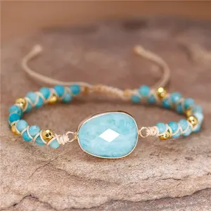 Yuetong Exclusive Fancy Natural Stone Amazonite Beaded Braided Macrame Bracelet Yoga Friendship Femme Women Jewelry Wholesale