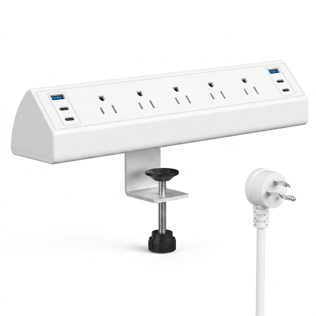 White Surge Protector Tabletop Clamp Power Strip Extension Socket 5 Outlets 2 USB-A Type C Ports 40W Fast Charging Easy Install